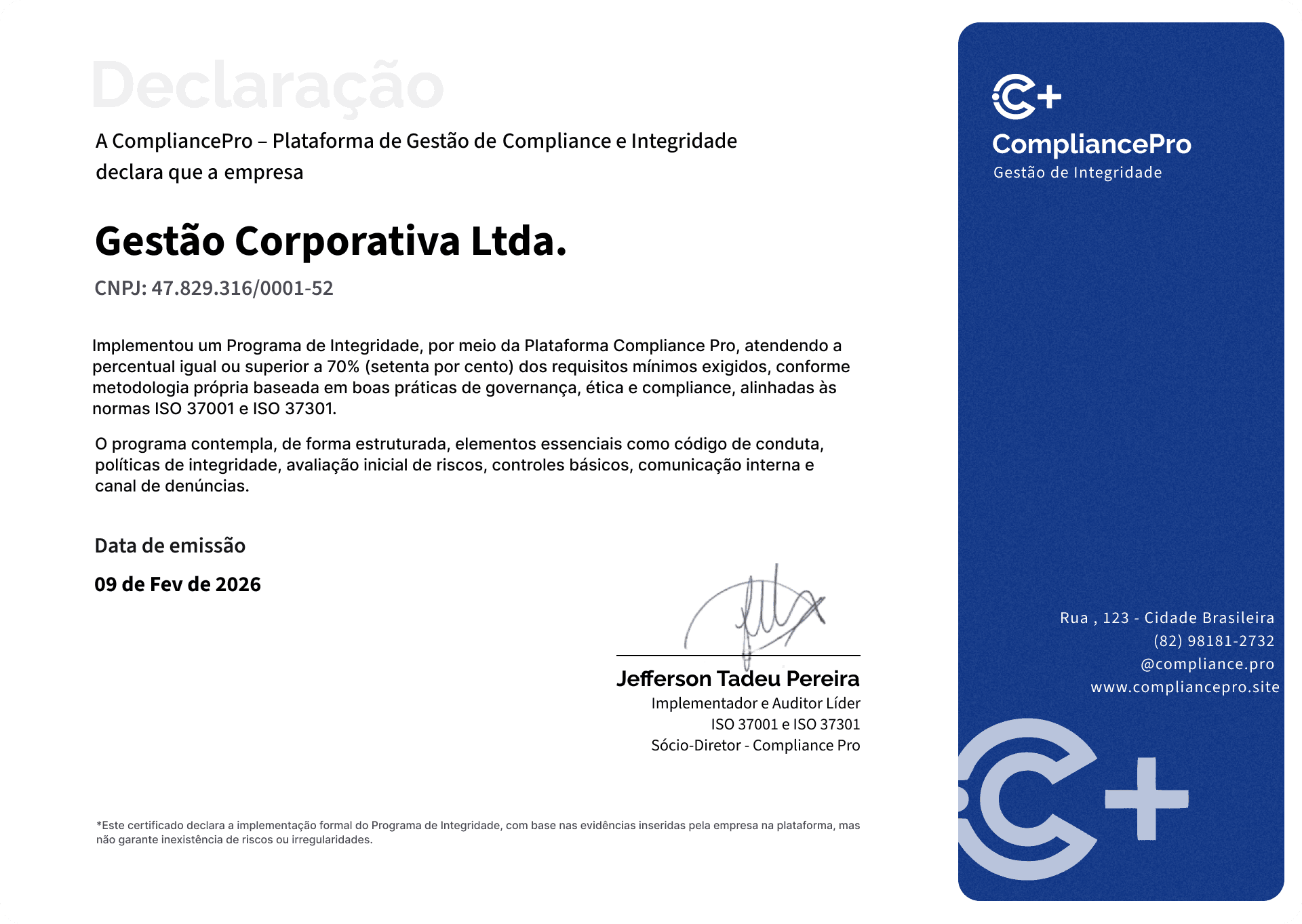 Certificado de Implantação do Programa de Integridade - CompliancePro